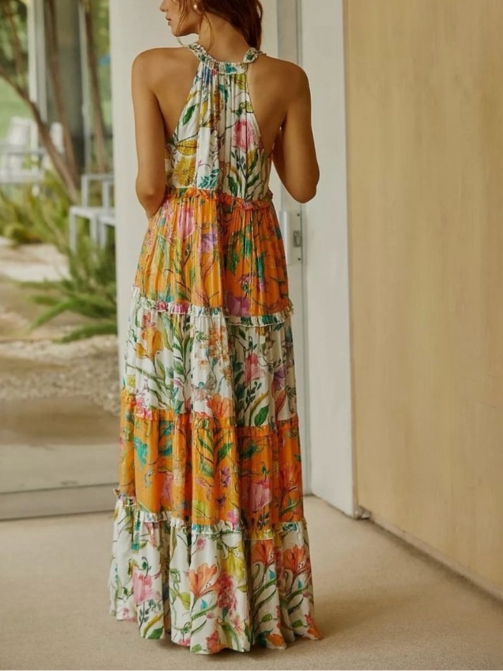 PQ Swim x Anthropologie Floral Ruffle Tiered Maxi Dress Orange White Size L - Picture 3 of 16
